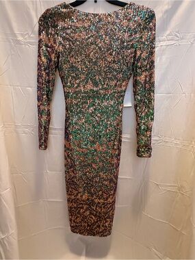 Dress the Population Rose Gold and Green Sequin Long Sleeve Bodycon Dress